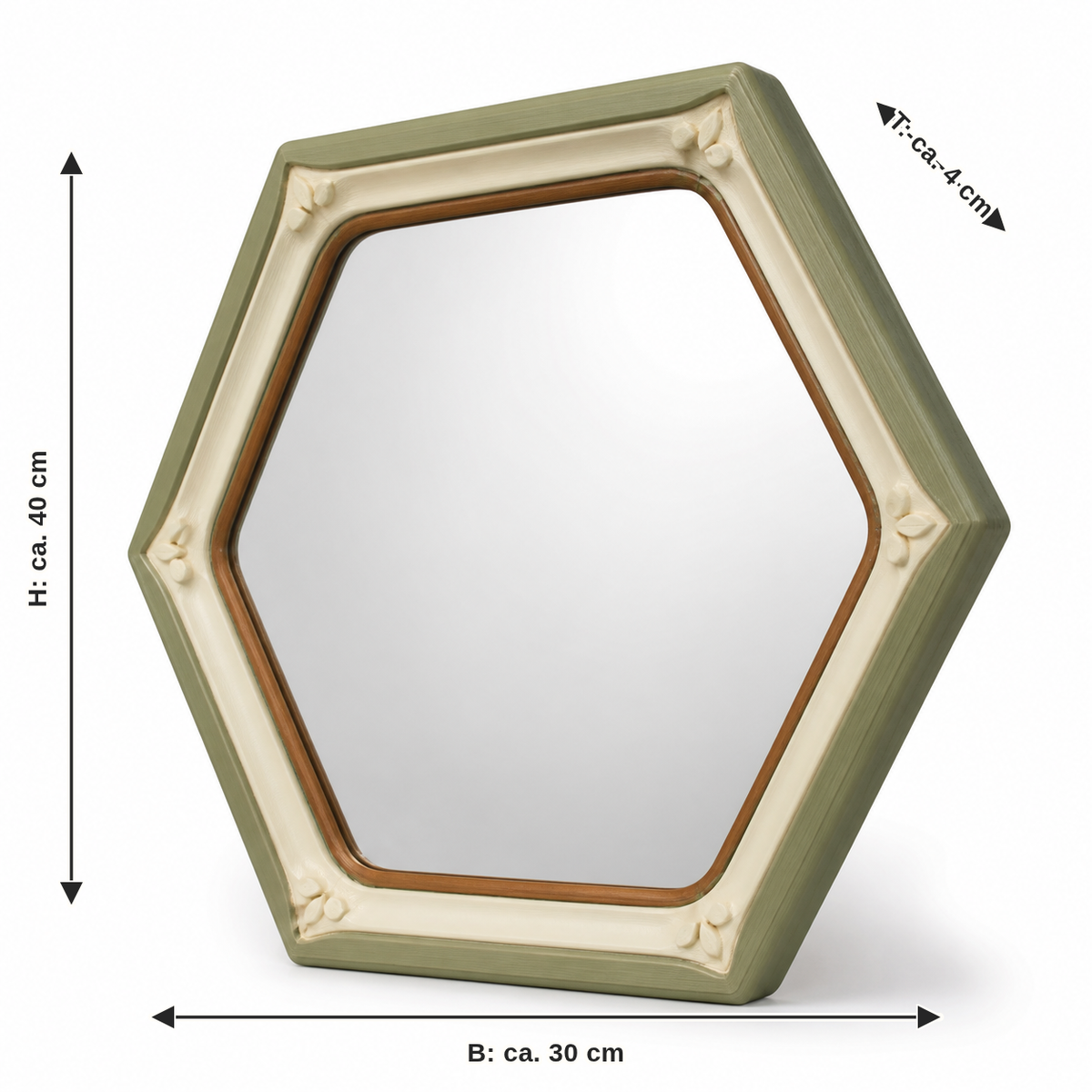Measurement for hexagonal mirror frames in sage green: width approx. 30 cm, depth approx. 4 cm, height approx. 40 cm