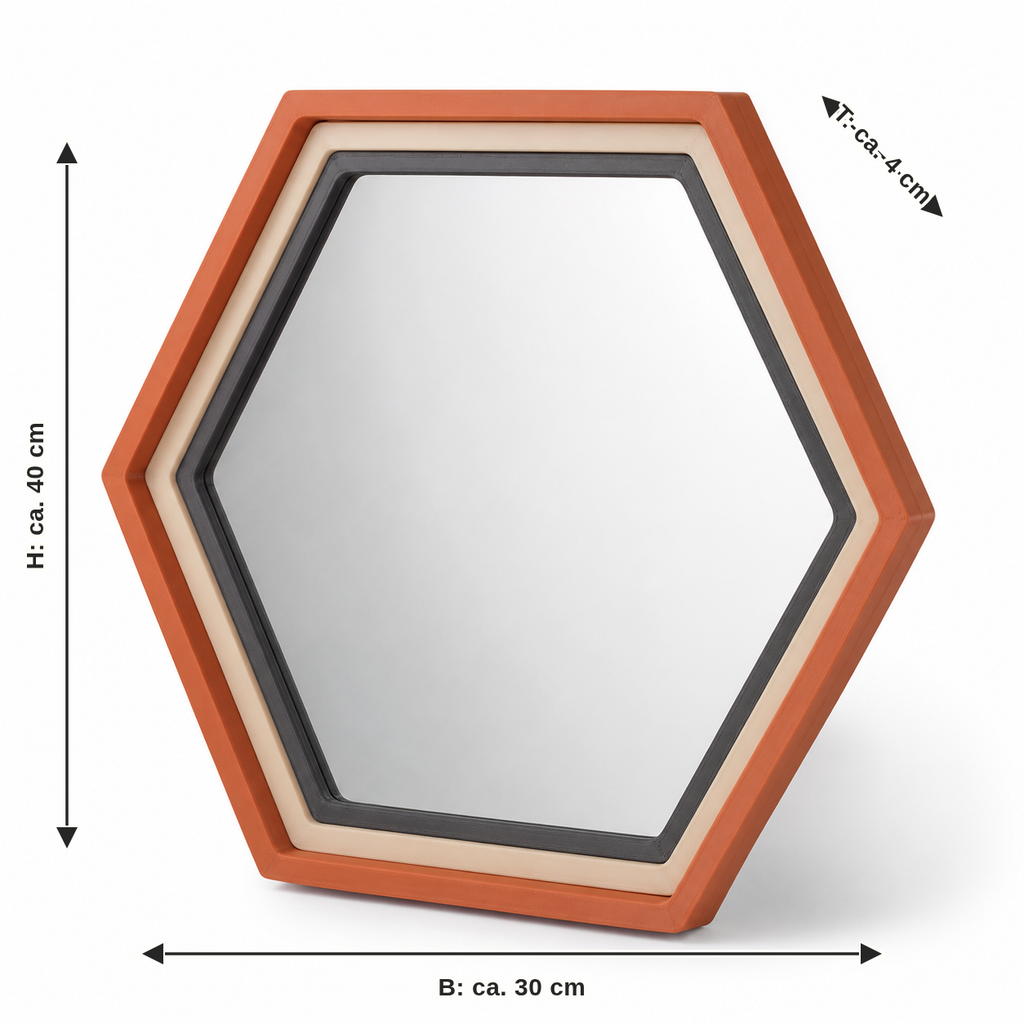 Measurement for hexagonal mirror frames in terracotta: width approx. 30 cm, depth approx. 4 cm, height approx. 40 cm