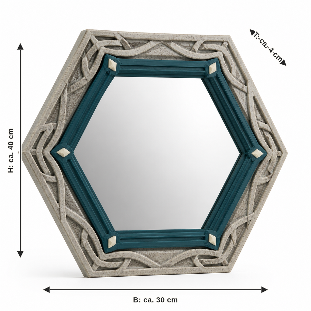 Dimensional image for hexagonal mirror frames with light runen frieze: width approx. 30 cm, depth approx. 4 cm, height approx. 40 cm