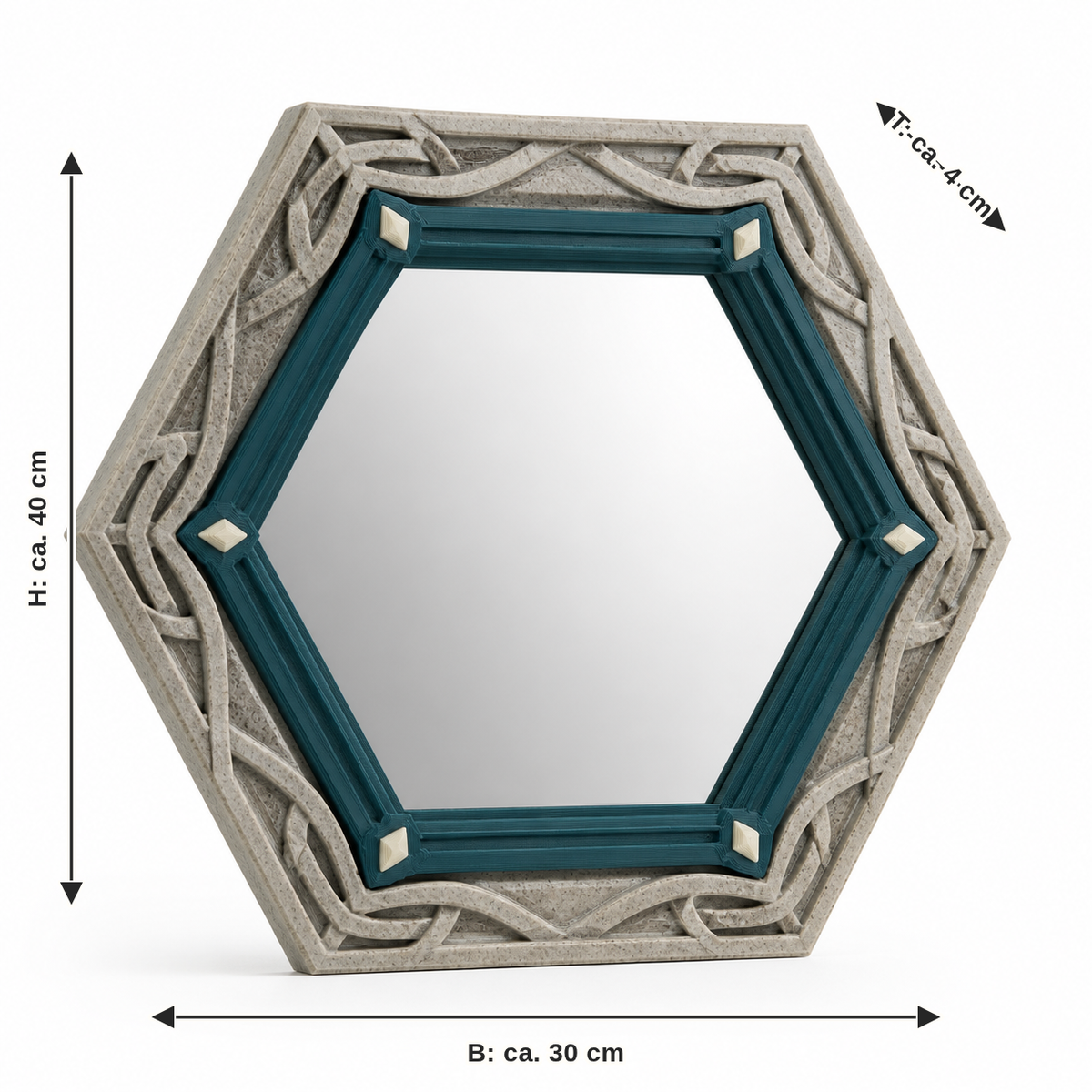 Dimensional image for hexagonal mirror frames with light runen frieze: width approx. 30 cm, depth approx. 4 cm, height approx. 40 cm