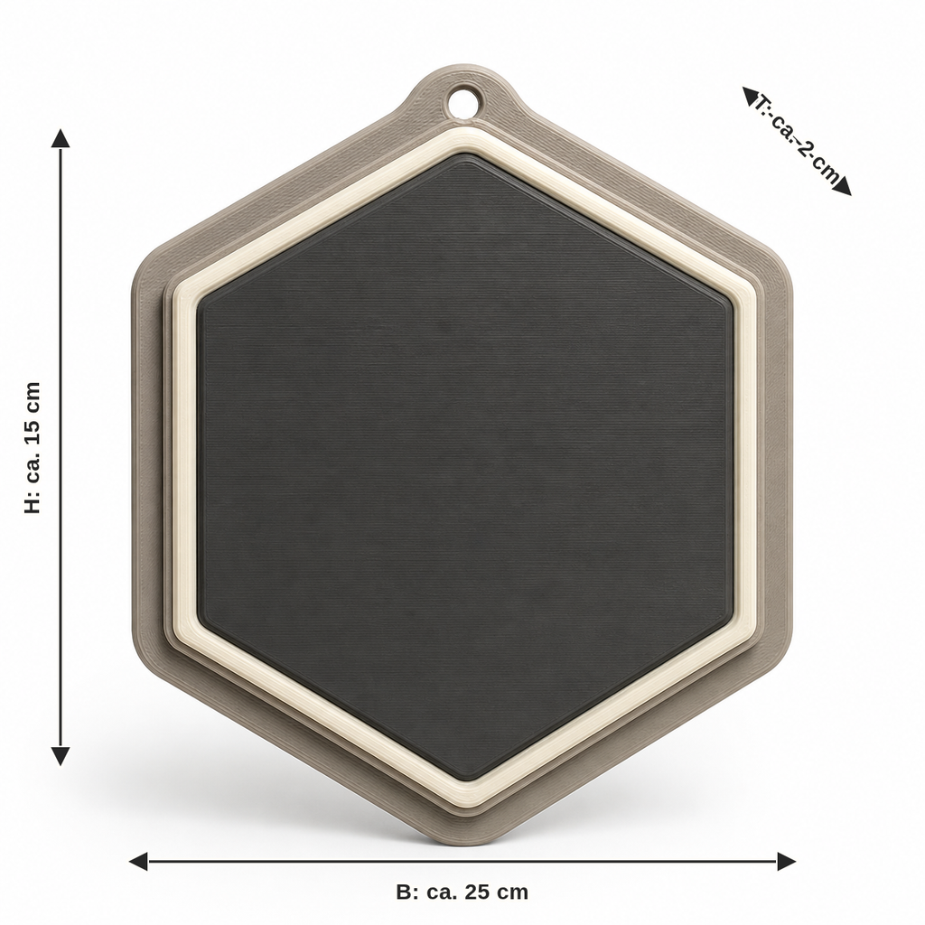 Maßbild für Sechseckiges Türschild in Anthrazit und Creme: Breite ca. 25 cm, Tiefe ca. 2 cm, Höhe ca. 15 cm
