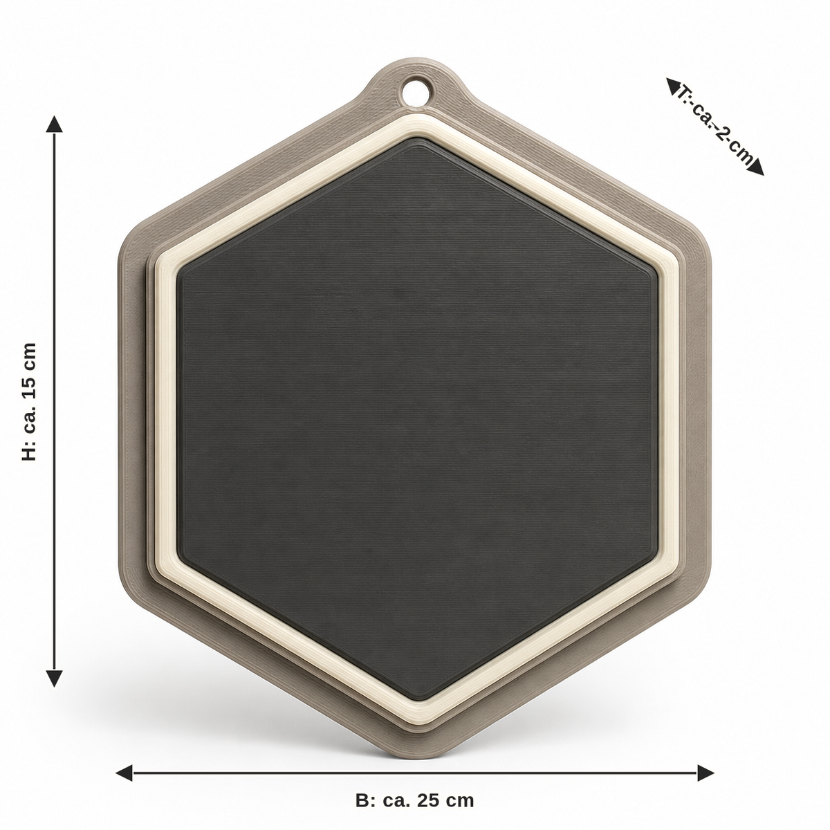 Dimensional image for hexagonal door sign in anthracite and cream: width approx. 25 cm, depth approx. 2 cm, height approx. 15 cm