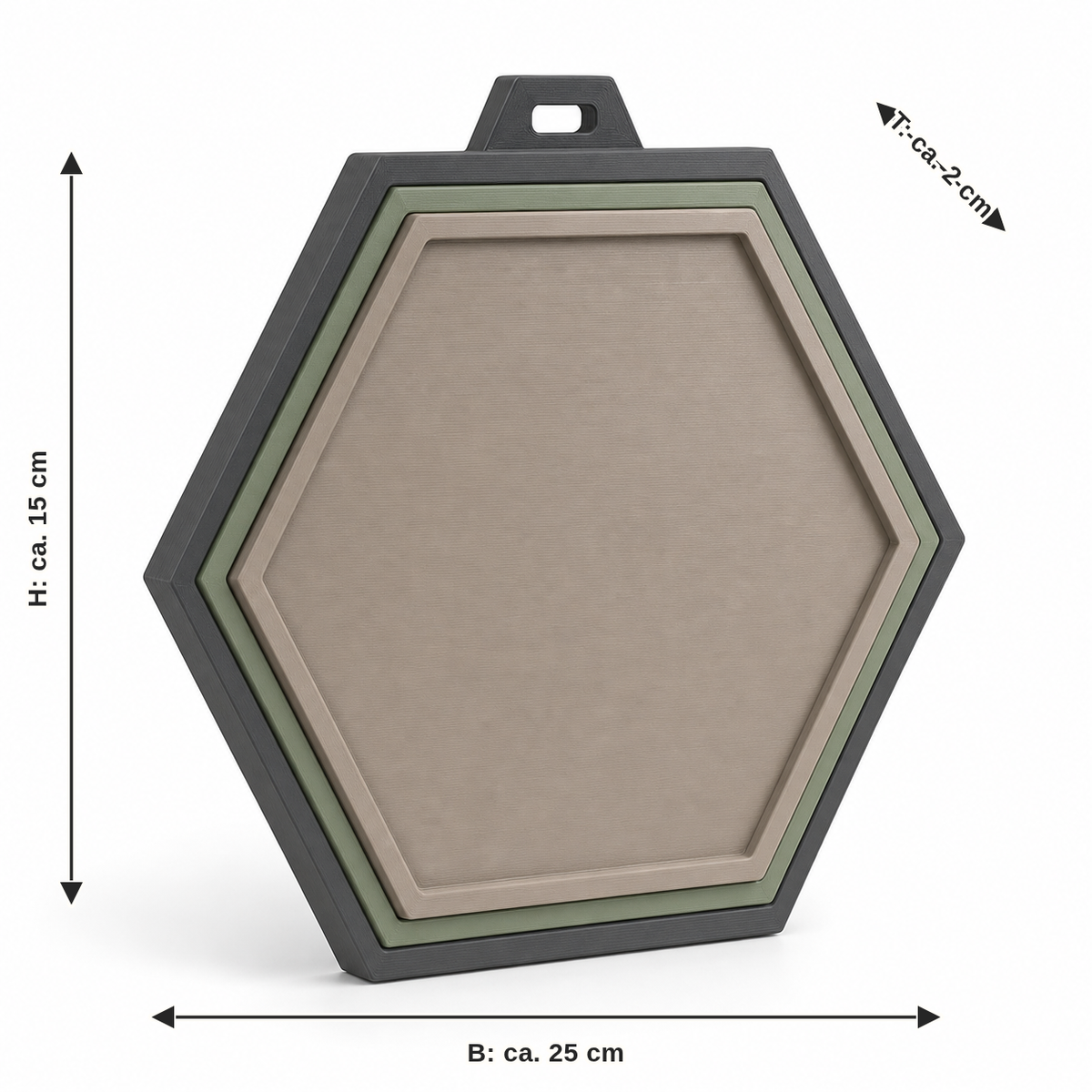 Dimensional image for hexagonal door sign in taupe and sage: width approx. 25 cm, depth approx. 2 cm, height approx. 15 cm