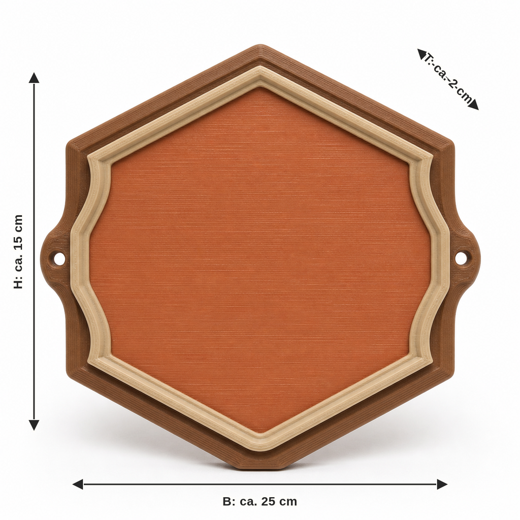 Measurement for hexagonal door sign in terracotta: width approx. 25 cm, depth approx. 2 cm, height approx. 15 cm