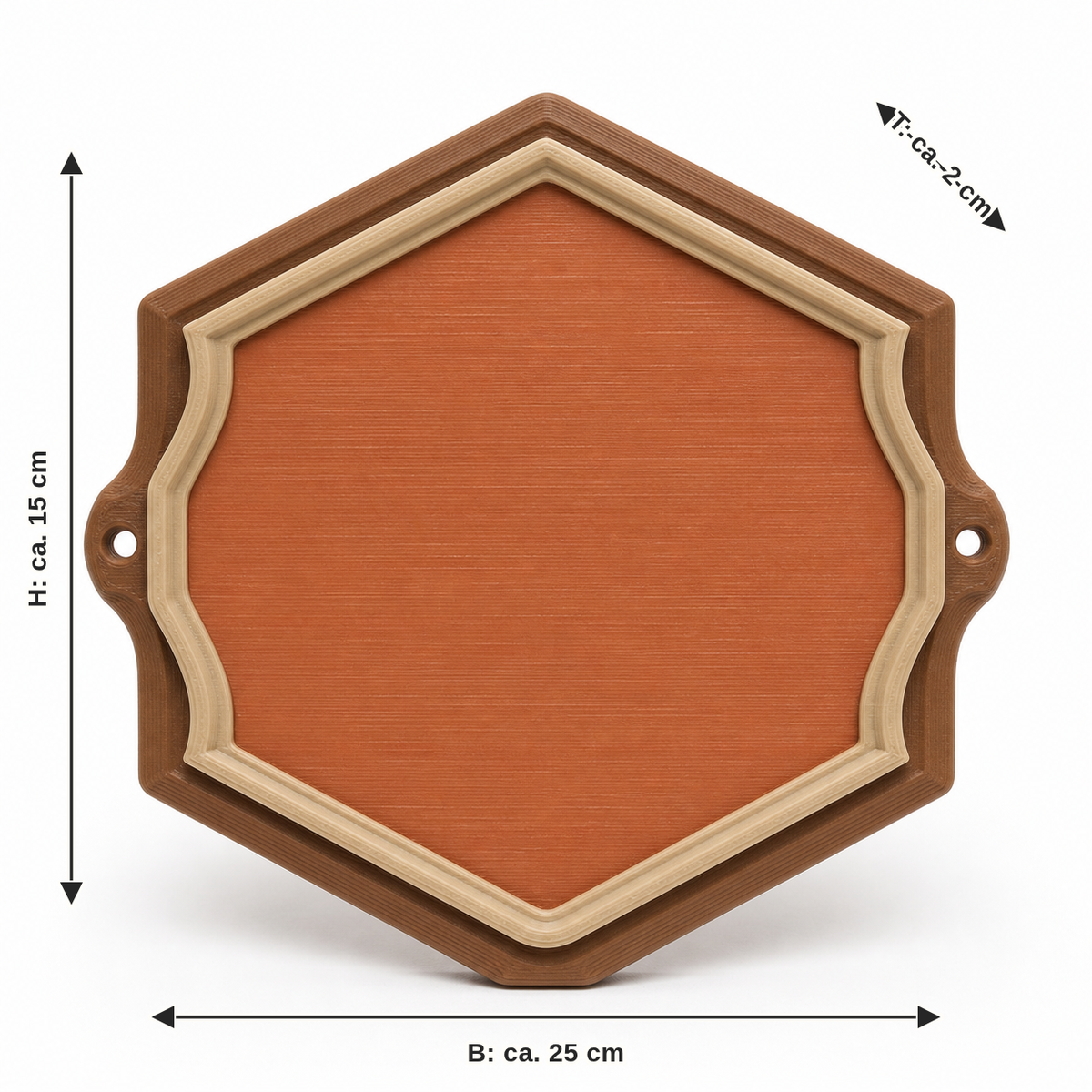 Measurement for hexagonal door sign in terracotta: width approx. 25 cm, depth approx. 2 cm, height approx. 15 cm