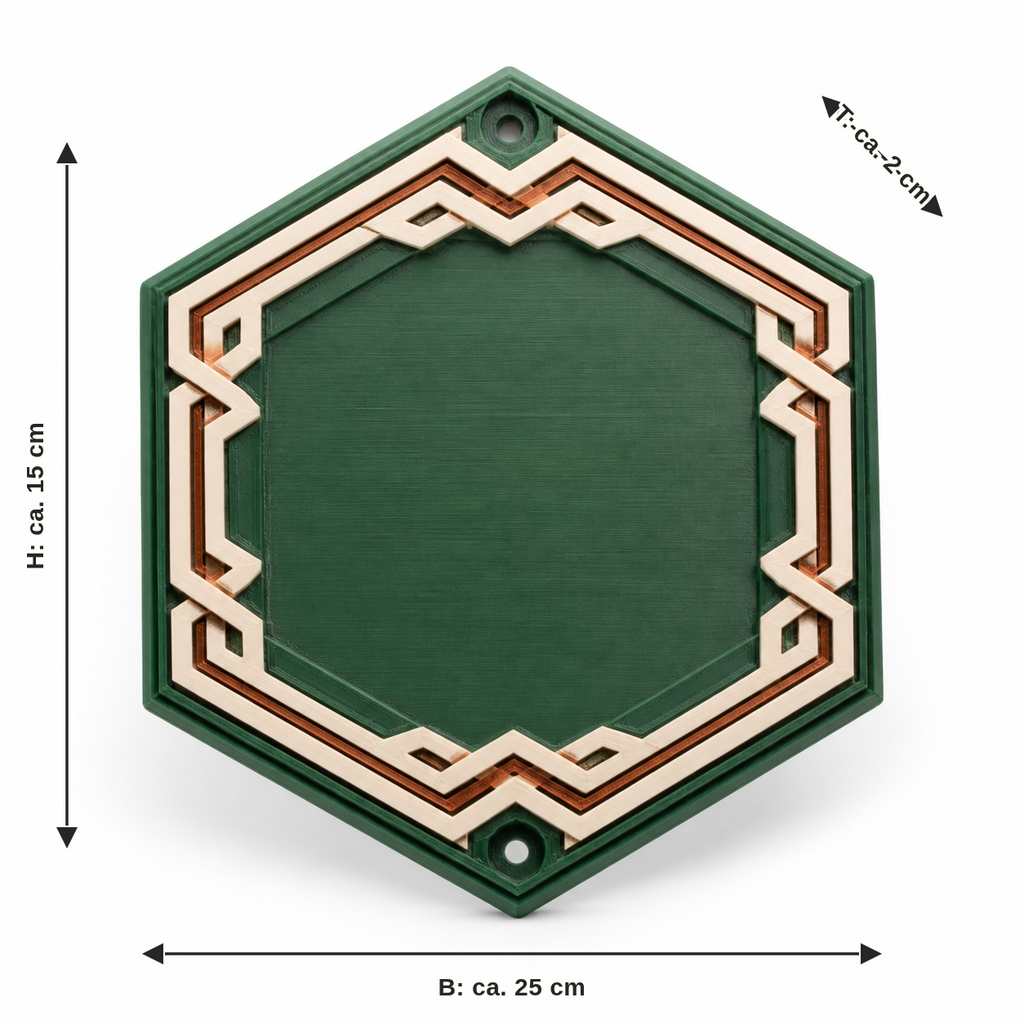 Maßbild für Sechseckiges Türschild mit hellem Runenrahmen: Breite ca. 25 cm, Tiefe ca. 2 cm, Höhe ca. 15 cm