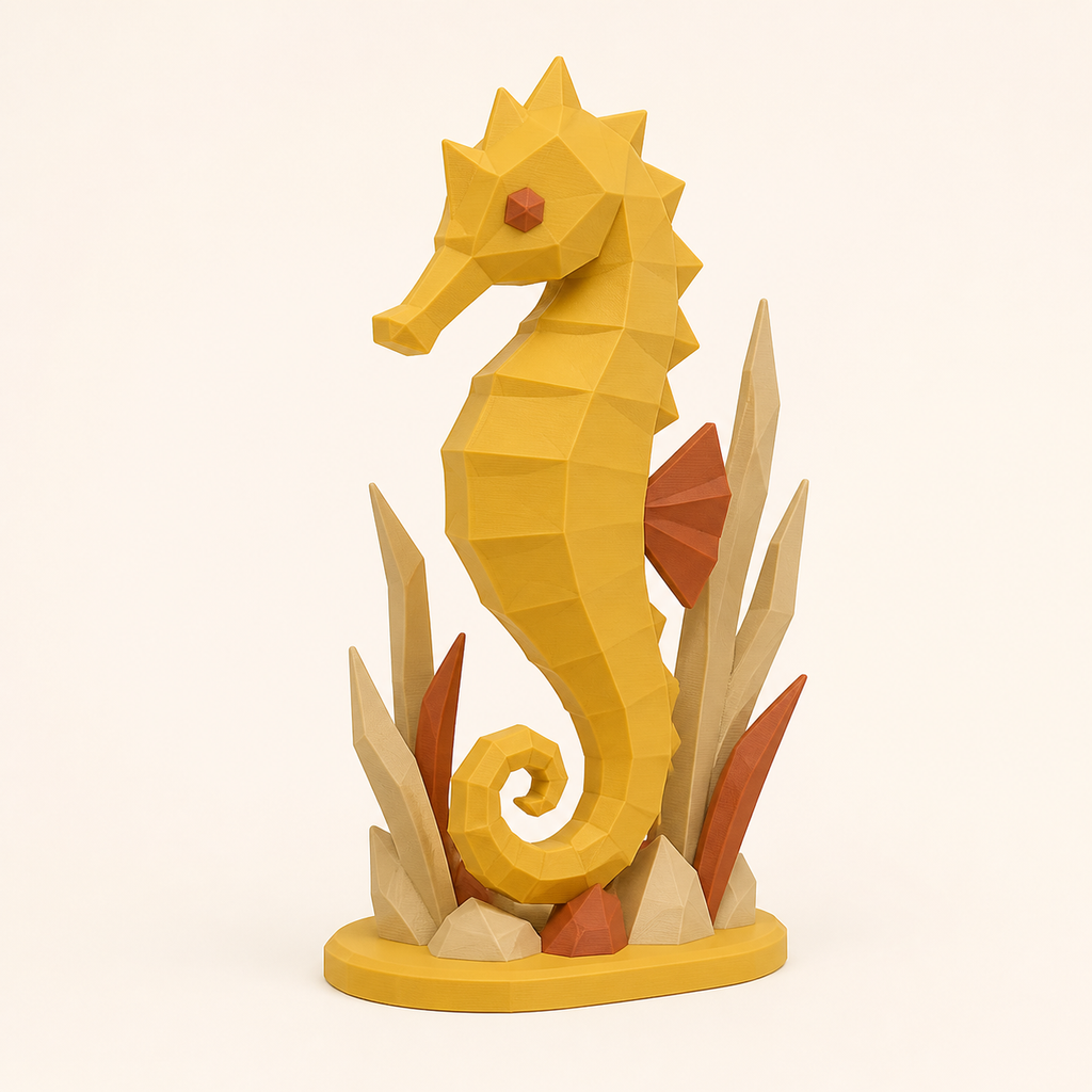 Seepferdchen-Low-Poly-Skulptur Facettenfigur aus 3D-gedrucktem PETG in Ockergelb, Terrakotta, Sandbeige