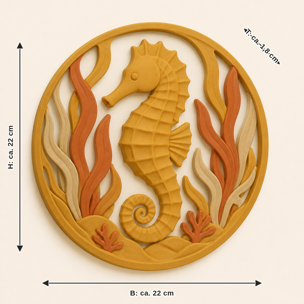 Maßbild für Seepferdchen-Wandrelief Tierporträt: Breite ca. 22 cm, Tiefe ca. 1.8 cm, Höhe ca. 22 cm