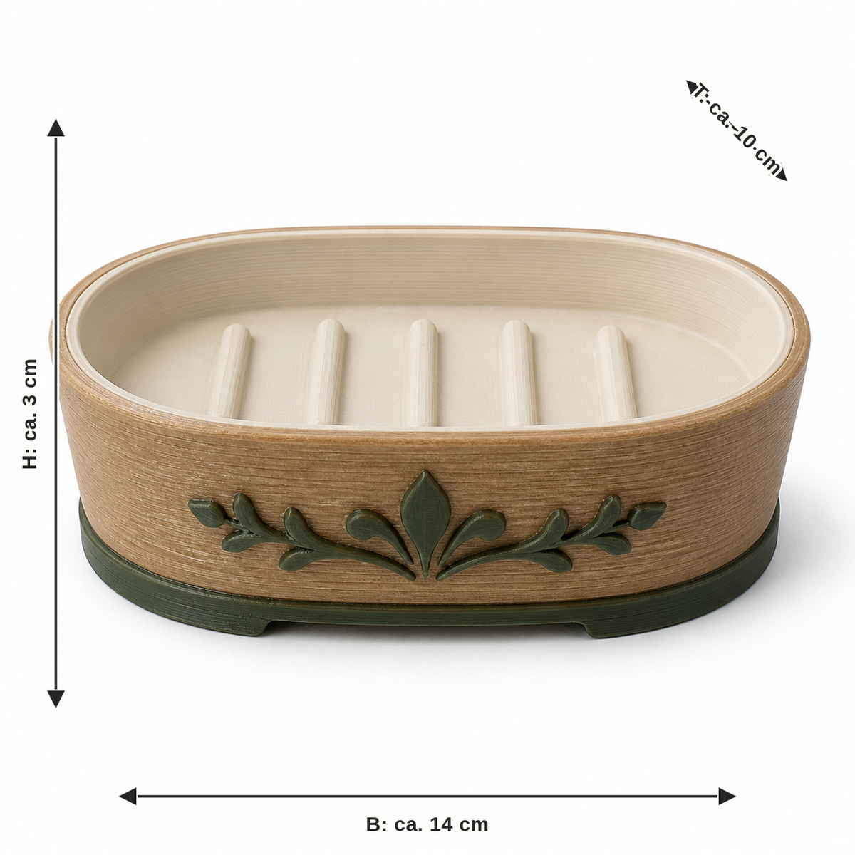 Maßbild für Seifenschale mit Blätterranke: Breite ca. 14 cm, Tiefe ca. 10 cm, Höhe ca. 3 cm