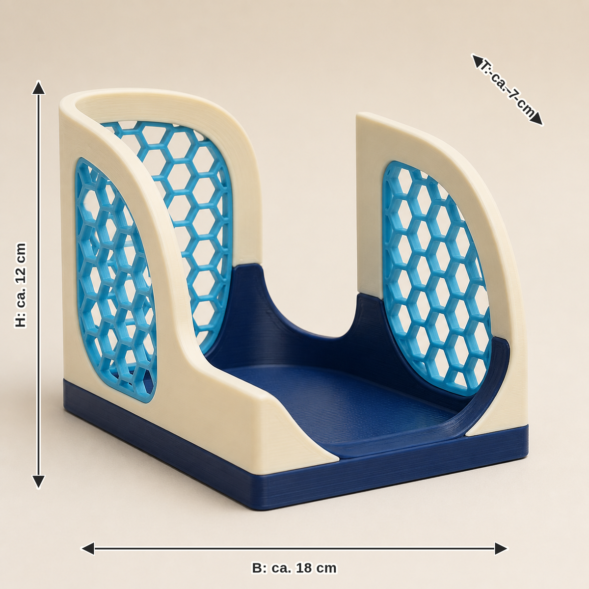 Maßbild für Serviettenhalter Linienraum – Futuristisch: Breite ca. 18 cm, Tiefe ca. 7 cm, Höhe ca. 12 cm
