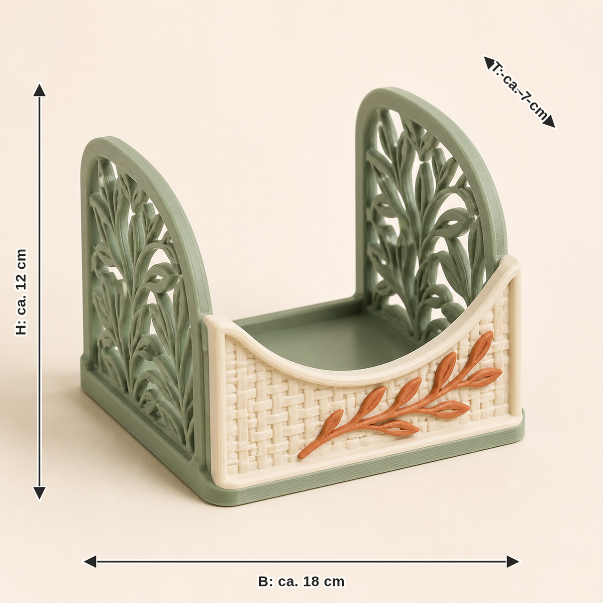 Maßbild für Serviettenhalter Linienraum – Landhaus: Breite ca. 18 cm, Tiefe ca. 7 cm, Höhe ca. 12 cm