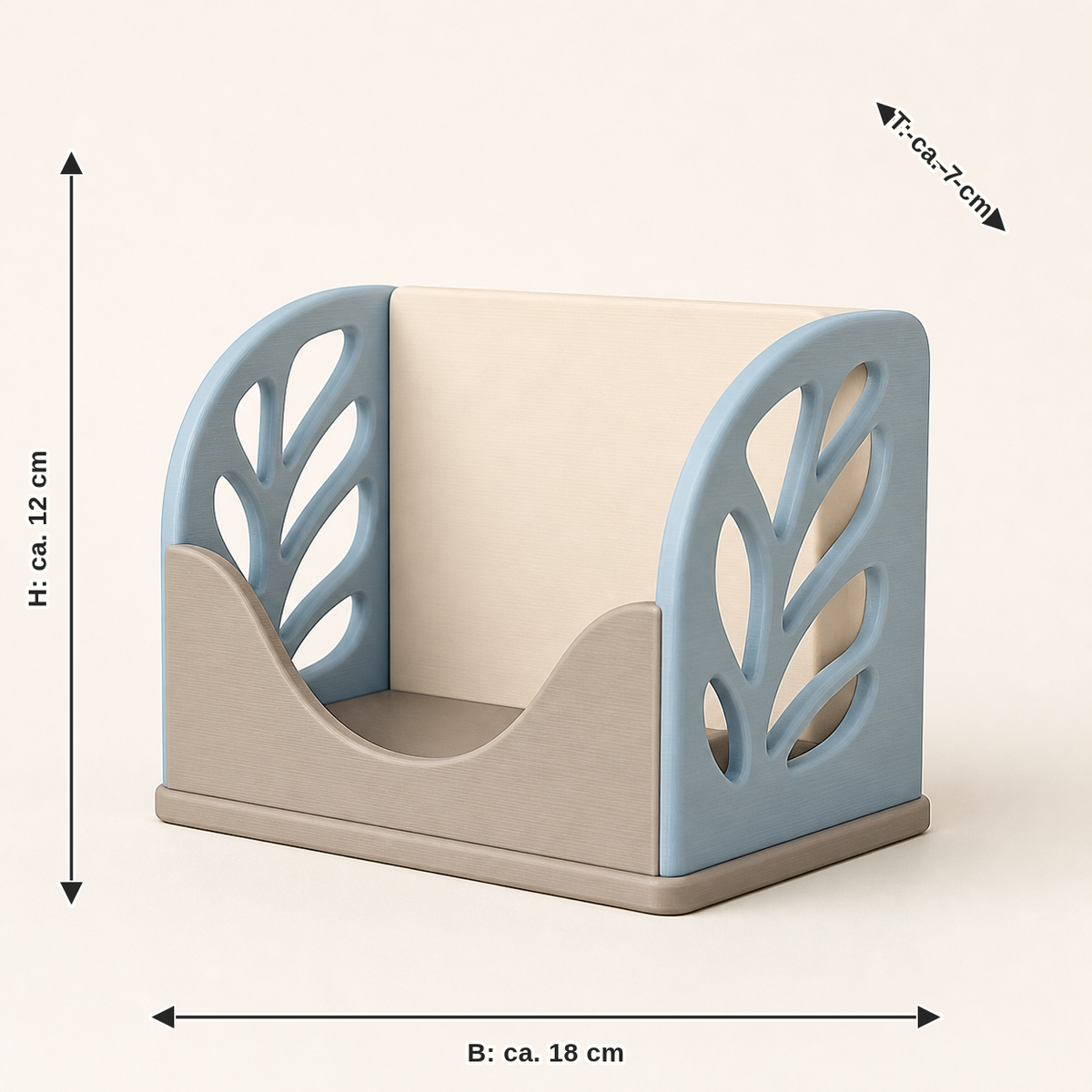 Maßbild für Serviettenhalter Linienraum – Still: Breite ca. 18 cm, Tiefe ca. 7 cm, Höhe ca. 12 cm