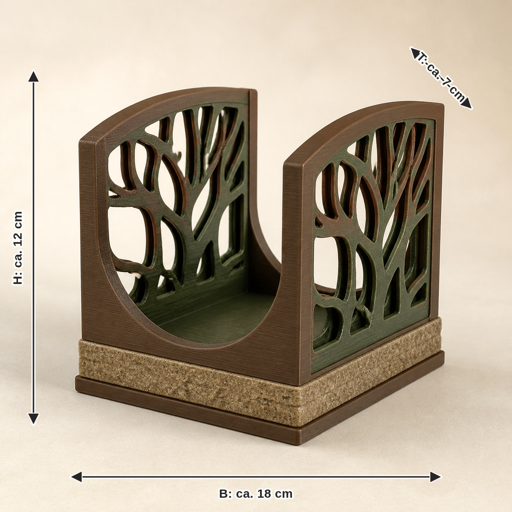 Maßbild für Serviettenhalter Linienraum – Urig: Breite ca. 18 cm, Tiefe ca. 7 cm, Höhe ca. 12 cm