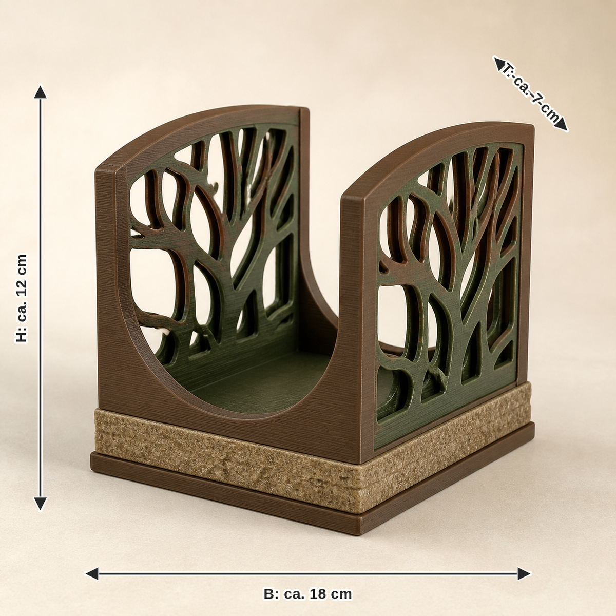 Maßbild für Serviettenhalter Linienraum – Urig: Breite ca. 18 cm, Tiefe ca. 7 cm, Höhe ca. 12 cm