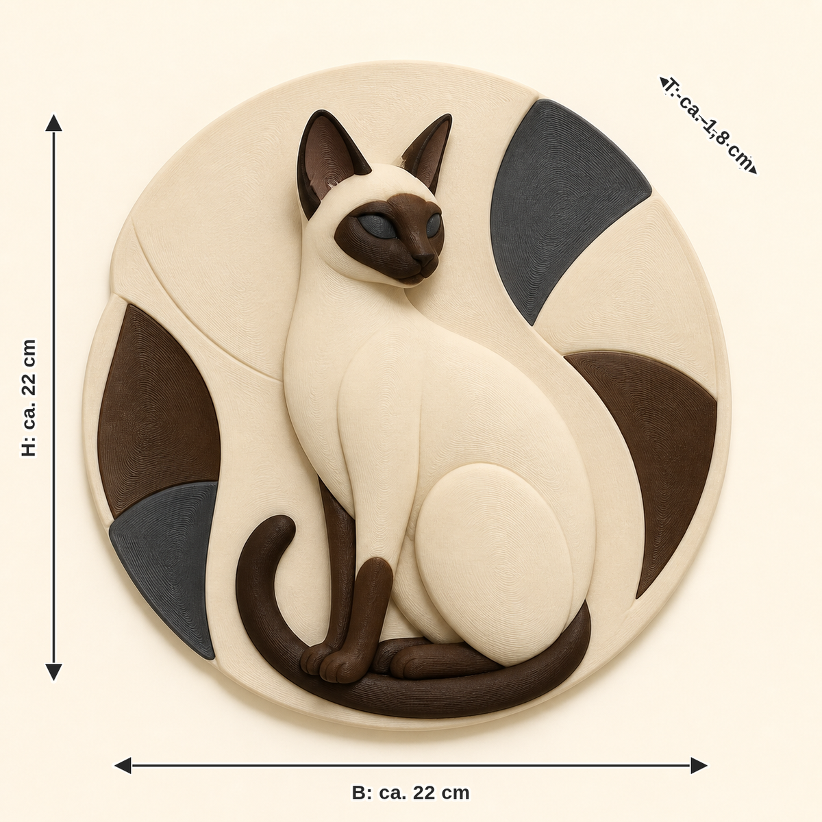 Maßbild für Siamkatze-Wandrelief Tierporträt: Breite ca. 22 cm, Tiefe ca. 1.8 cm, Höhe ca. 22 cm