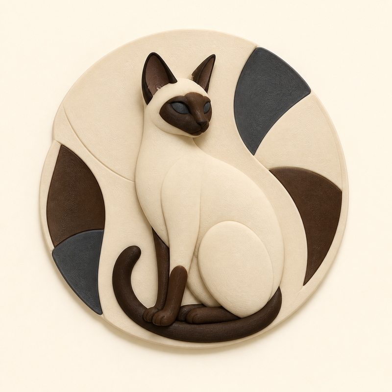 Siamkatze-Wandrelief Tierporträt aus 3D-gedrucktem PETG in Knochenweiß, Kastanienbraun, Anthrazit