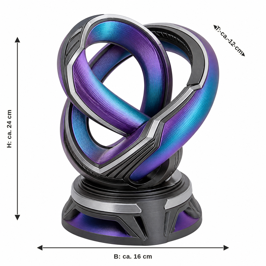Dimensional image for sculpture from engulfed colours: width approx. 16 cm, depth approx. 12 cm, height approx. 24 cm