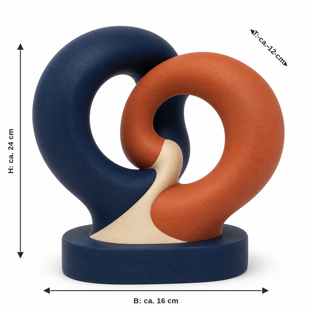 Maßbild für Skulptur aus zwei organischen Farbringen: Breite ca. 16 cm, Tiefe ca. 12 cm, Höhe ca. 24 cm