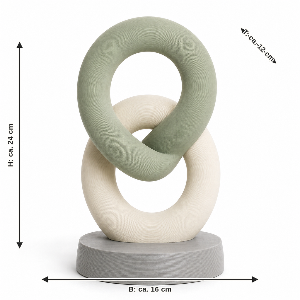 Maßbild für Skulptur aus zwei sanft verschlungenen Ringen: Breite ca. 16 cm, Tiefe ca. 12 cm, Höhe ca. 24 cm