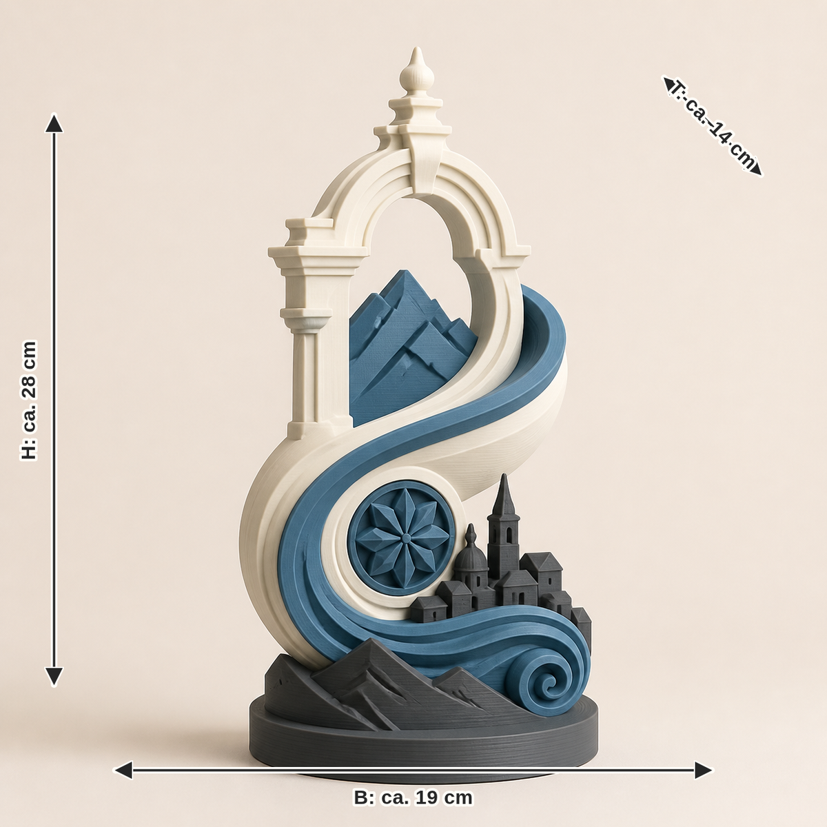 Dimensional image for sculpture Baroque wave – Salzburg: width about 19 cm, depth about 14 cm, height about 28 cm