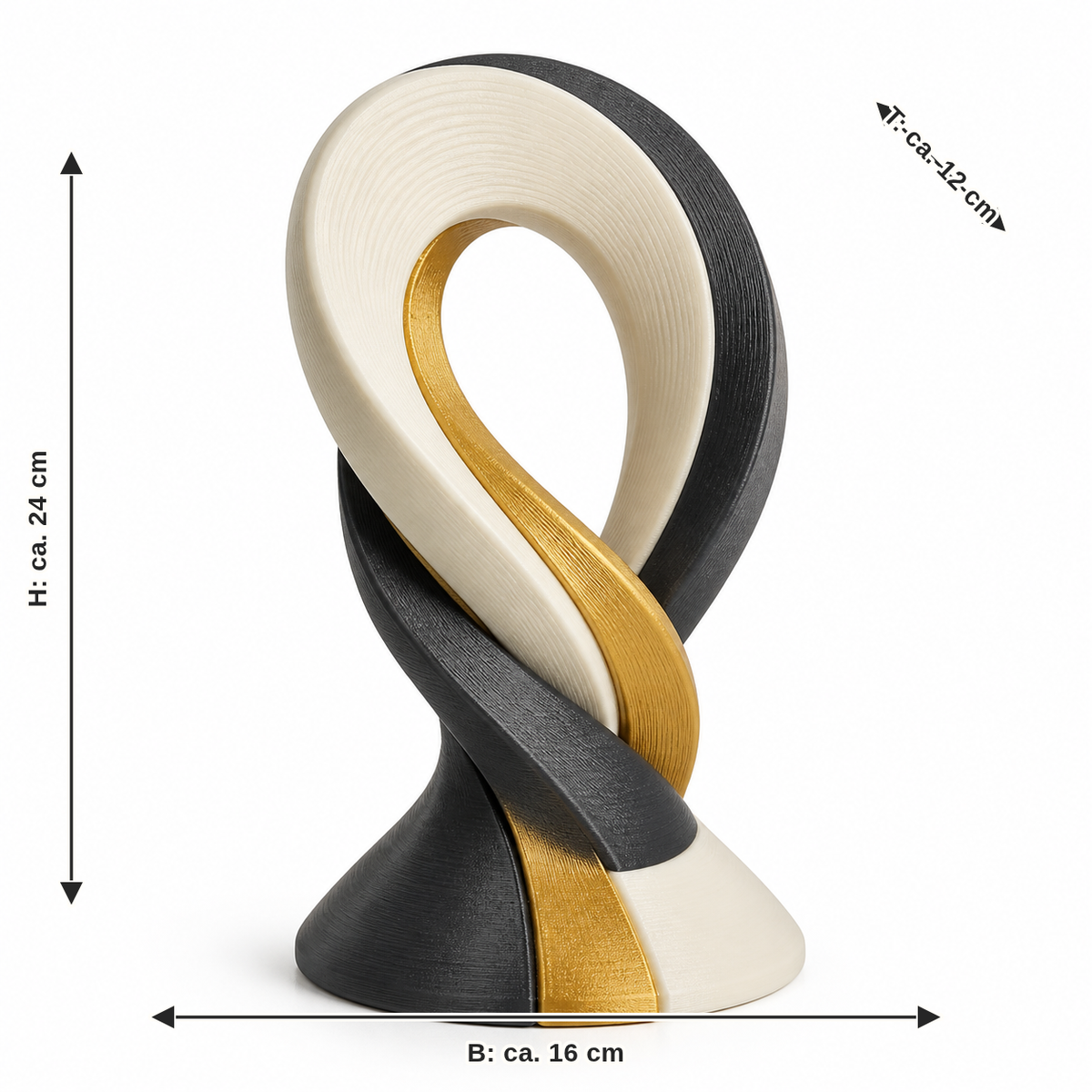 Dimensional image for sculpture Golden loop: width approx. 16 cm, depth approx. 12 cm, height approx. 24 cm