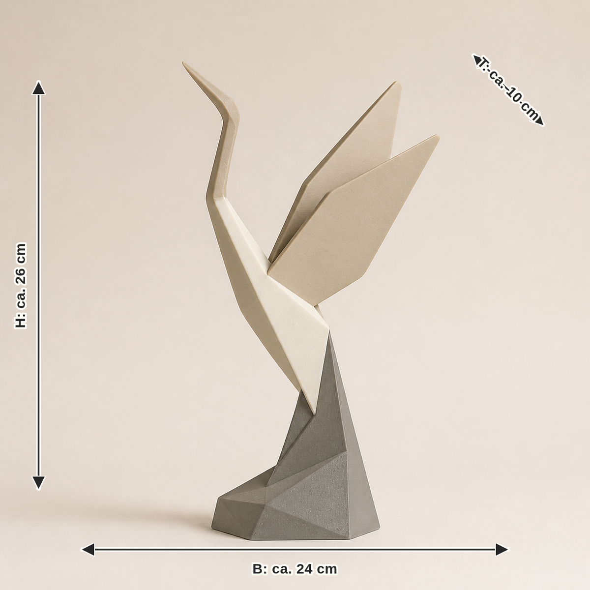 Maßbild für Skulptur Kranichflug – Minimalistisch: Breite ca. 24 cm, Tiefe ca. 10 cm, Höhe ca. 26 cm