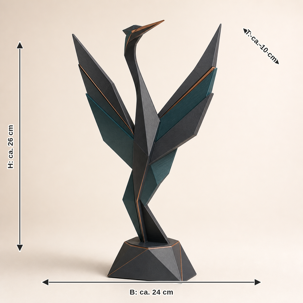 Dimensional image for sculpture Crane flight – Modern: width approx. 24 cm, depth approx. 10 cm, height approx. 26 cm