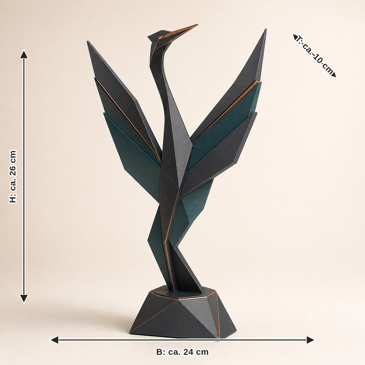 Dimensional image for sculpture Crane flight – Modern: width approx. 24 cm, depth approx. 10 cm, height approx. 26 cm
