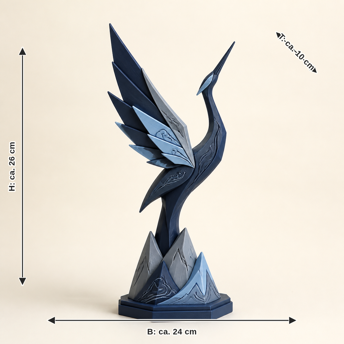 Maßbild für Skulptur Kranichflug – Nordisch & Mythisch: Breite ca. 24 cm, Tiefe ca. 10 cm, Höhe ca. 26 cm