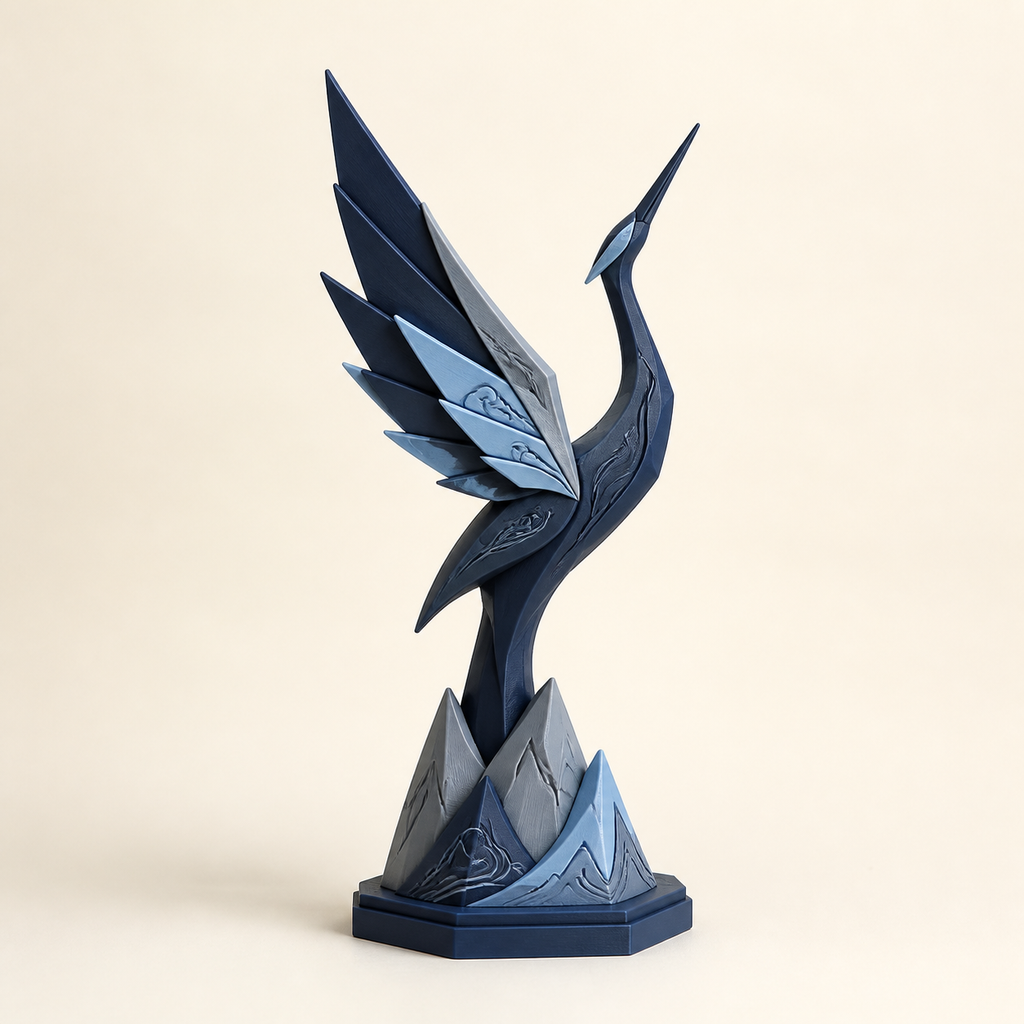 Skulptur Kranichflug – Nordisch & Mythisch aus PETG auf hellem Studiohintergrund