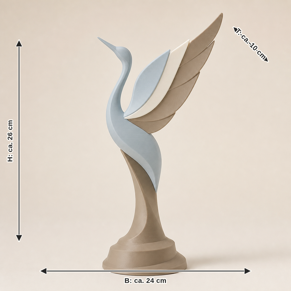 Maßbild für Skulptur Kranichflug – Still: Breite ca. 24 cm, Tiefe ca. 10 cm, Höhe ca. 26 cm
