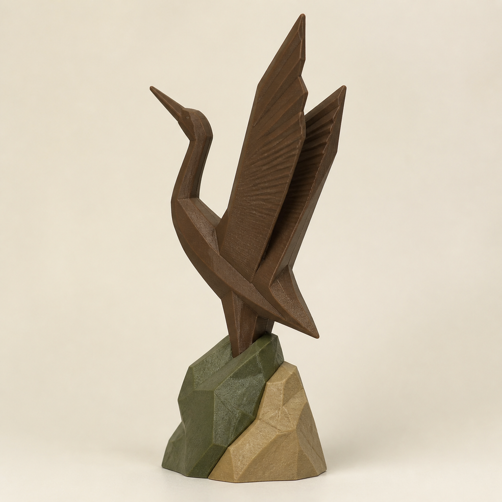 Sculpture Crane Flight – Rustic from PETG on bright studio background