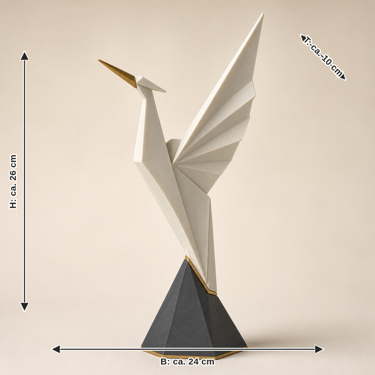 Measurement for sculpture Crane flight – Timeless: width approx. 24 cm, depth approx. 10 cm, height approx. 26 cm