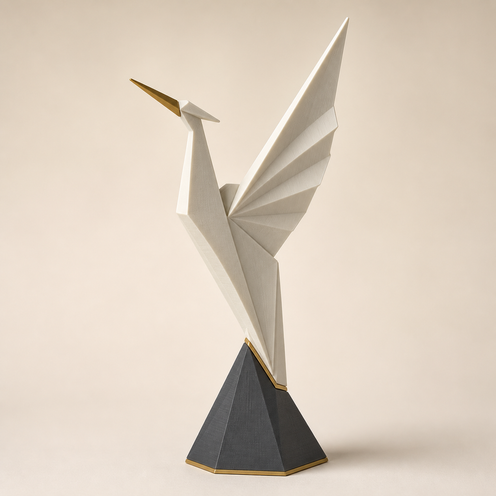 Sculpture Crane Flight – Timeless from PETG on bright studio background