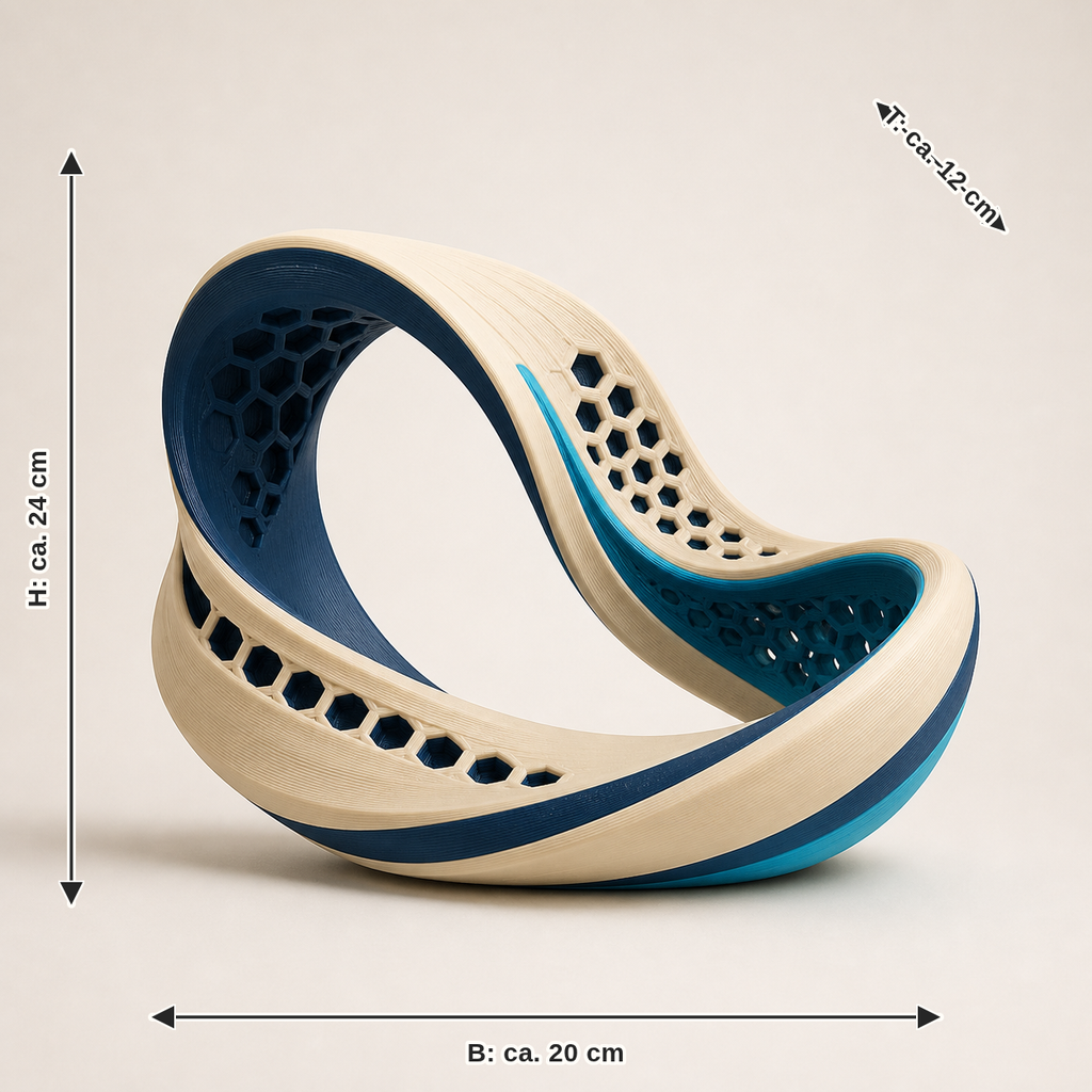Dimensional image for sculpture Möbius wave – Futuristic: width approx. 20 cm, depth approx. 12 cm, height approx. 24 cm