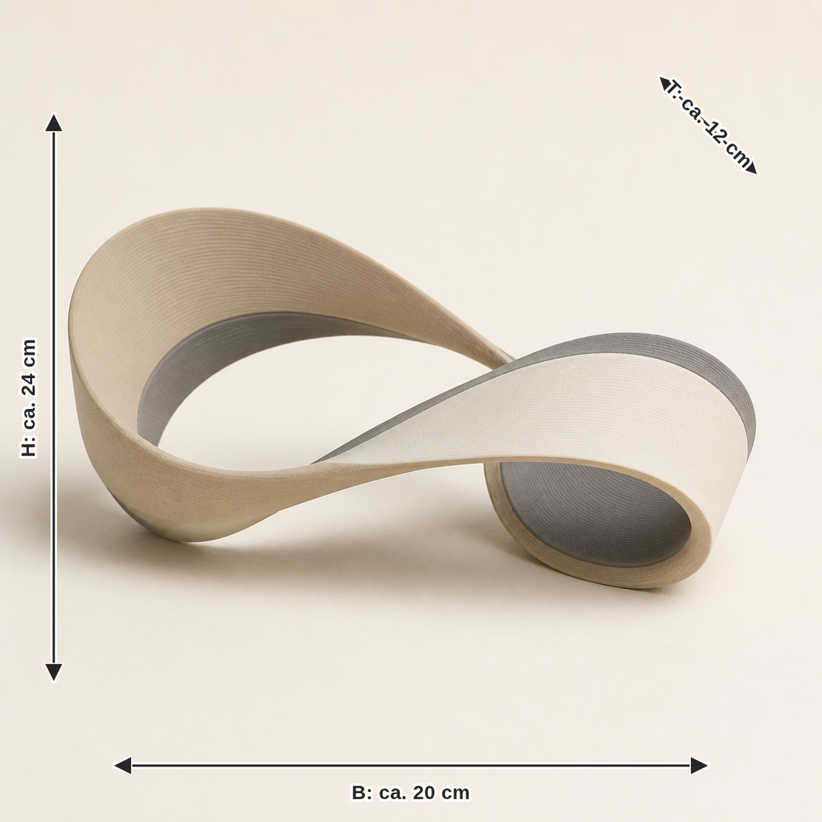 Dimensional image for sculpture Möbius wave – minimalist: width approx. 20 cm, depth approx. 12 cm, height approx. 24 cm