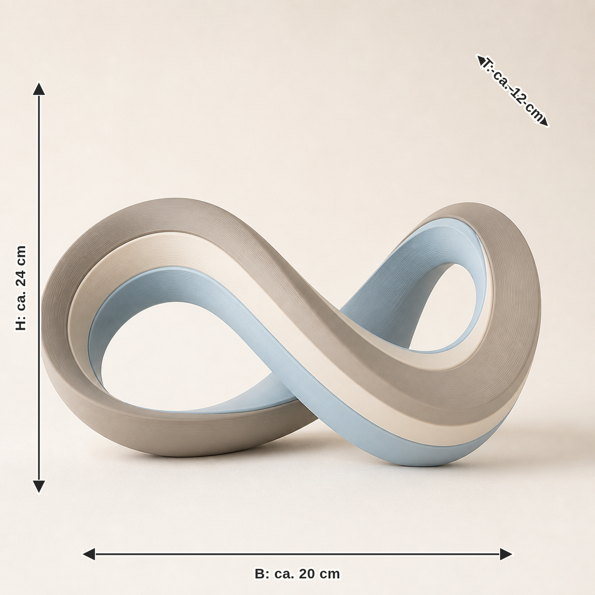 Dimensional image for sculpture Möbius wave – serene: width approx. 20 cm, depth approx. 12 cm, height approx. 24 cm