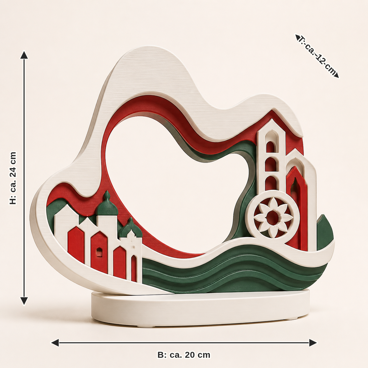 Dimensional image for sculpture Salzachschleife – Salzburg: width about 20 cm, depth about 12 cm, height about 24 cm