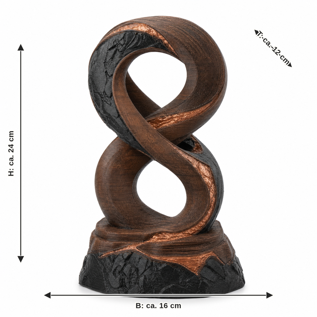 Dimensional image for sculpture Root force: width approx. 16 cm, depth approx. 12 cm, height approx. 24 cm