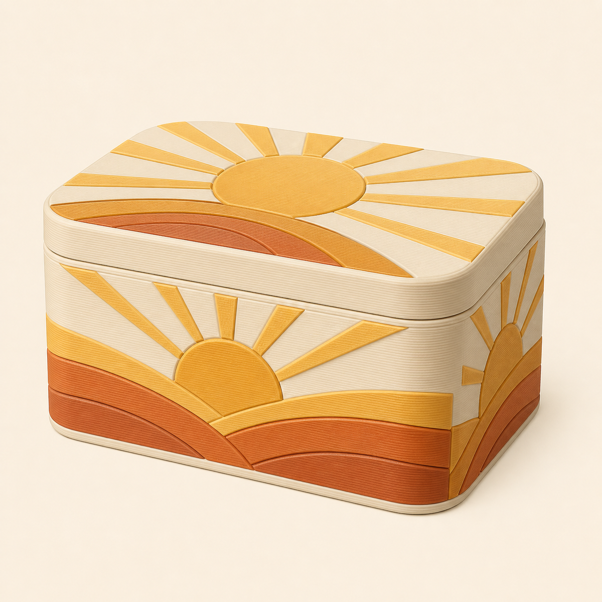 Sun-storage box in 3D-printed PETG in warm white, sun yellow, terracotta