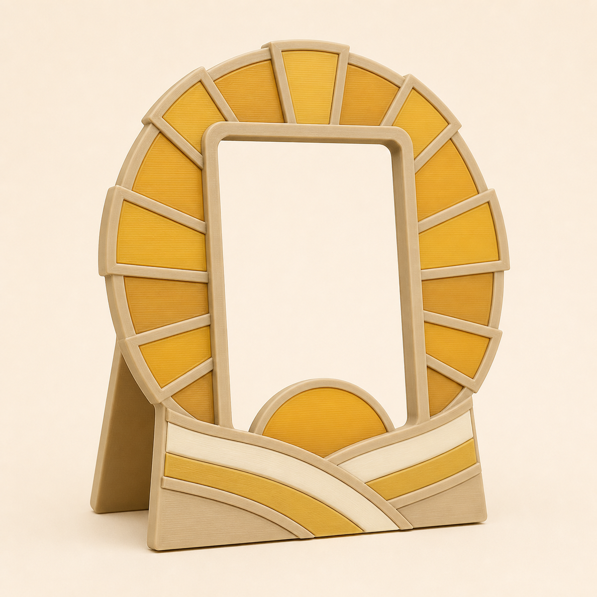 Sun-photo frame light portal in 3D-printed PETG in sand beige, honey yellow, cream