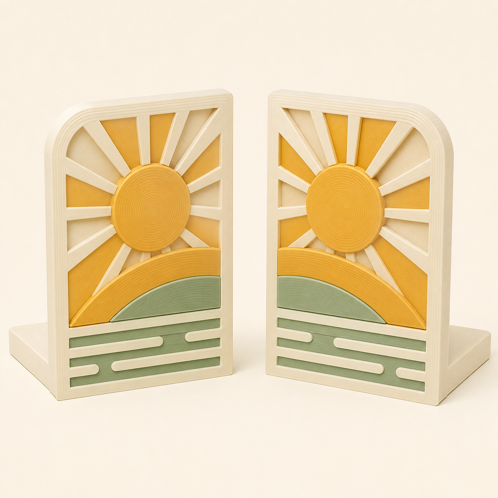 Sun-Bookends-Pair Double Sun from 3D-printed PETG in ivory, gold Yellow, sage green