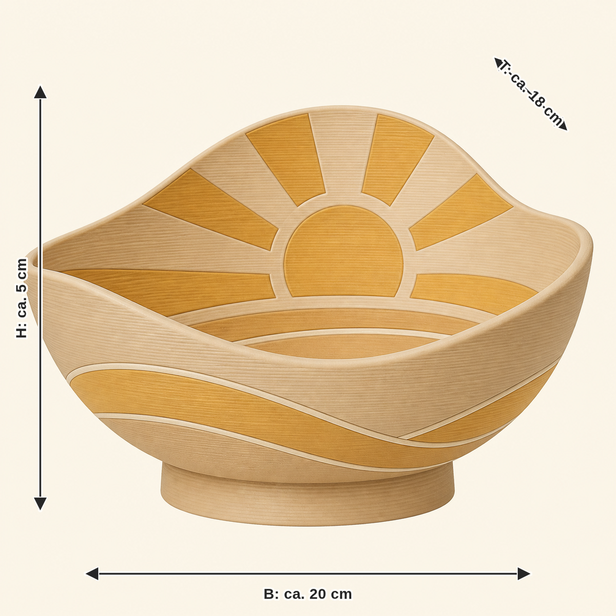 Measurement for sun-decorative bowl Desert light: width approx. 20 cm, depth approx. 18 cm, height approx. 5 cm