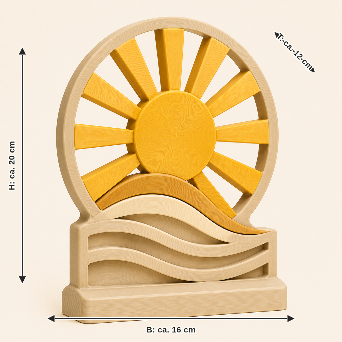 Measurement image for solar mini sculpture light source: width approx. 16 cm, depth approx. 12 cm, height approx. 20 cm
