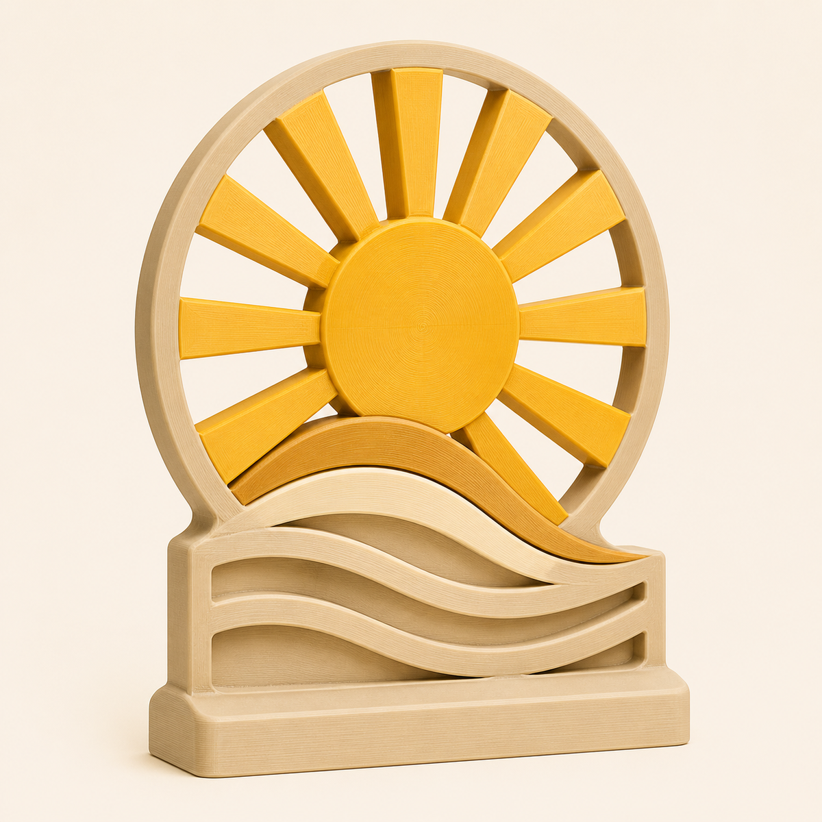 Sun-mini-sculpture light source from 3D-printed PETG in sand beige, honey yellow, cream