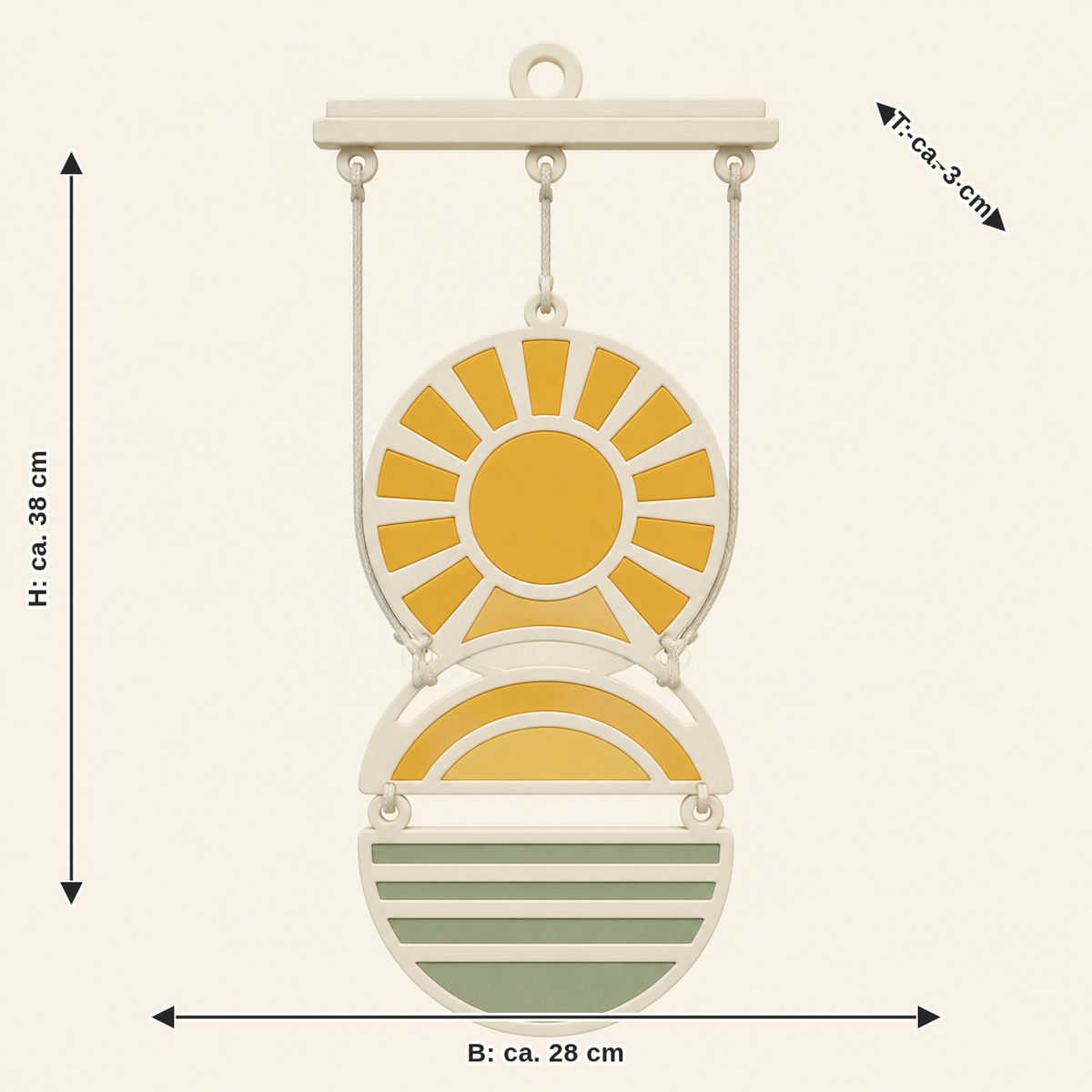 Measurement image for solar mobile morning vortex: width approx. 28 cm, depth approx. 3 cm, height approx. 38 cm
