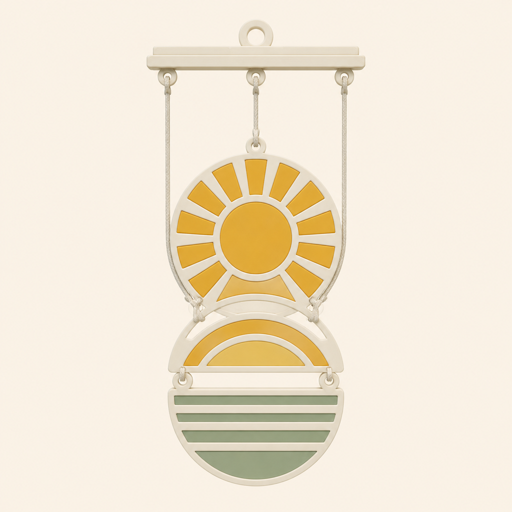3D printed PETG solar mobile morning vortex in ivory, gold yellow, sage green