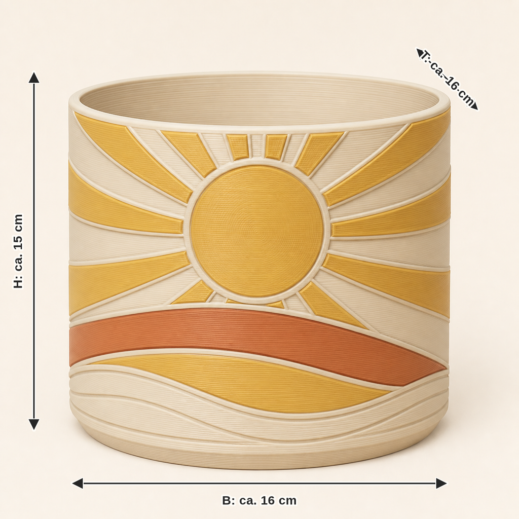 Dimensional image for sun planter evening gold: width about 16 cm, depth about 16 cm, height about 15 cm