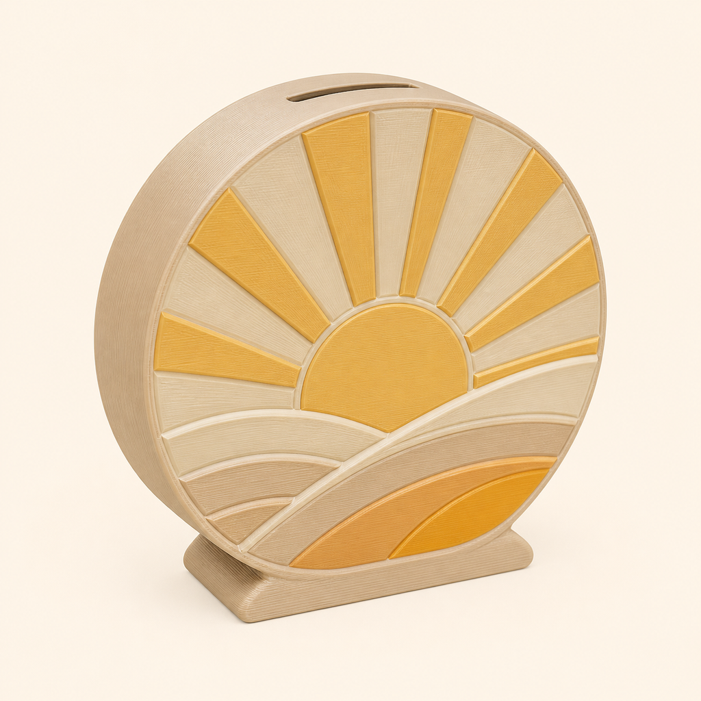 Sun money box morning gloss in 3D printed PETG in sand beige, honey yellow, cream