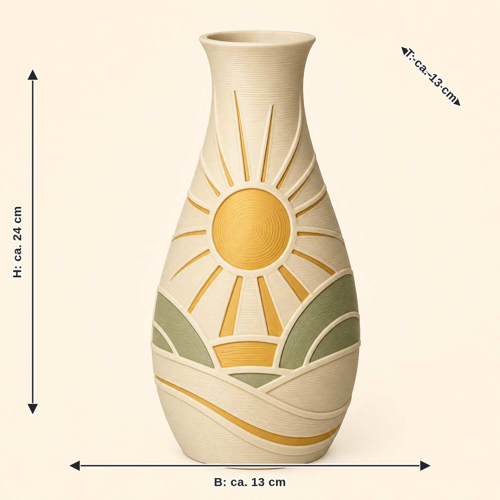 Maßbild für Sonnen-Trockenblumen-Vase Sonnenblatt: Breite ca. 13 cm, Tiefe ca. 13 cm, Höhe ca. 24 cm